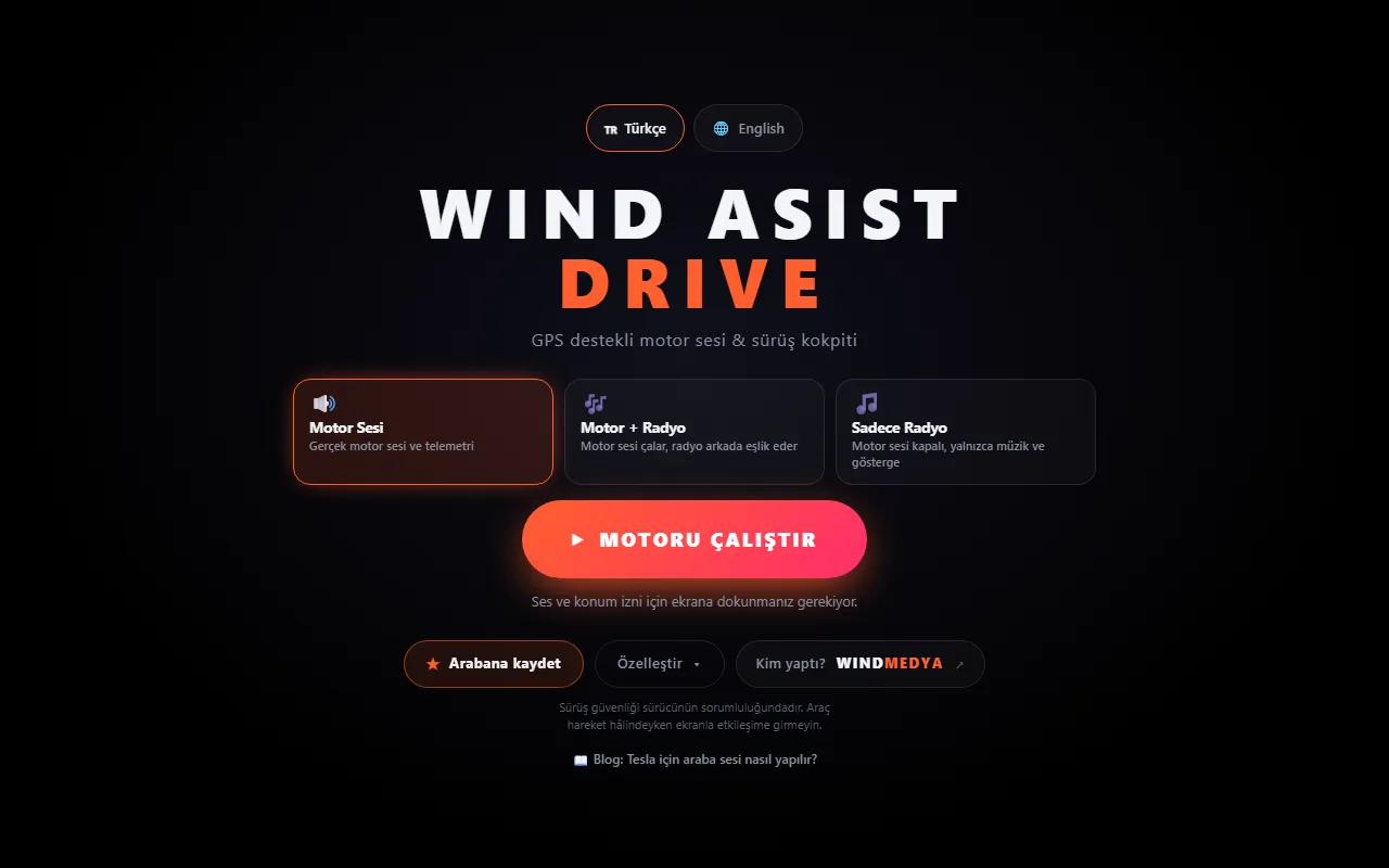 Wind Asist Drive açılış ekranı: dil seçimi, başlangıç modu ve MOTORU ÇALIŞTIR düğmesi
