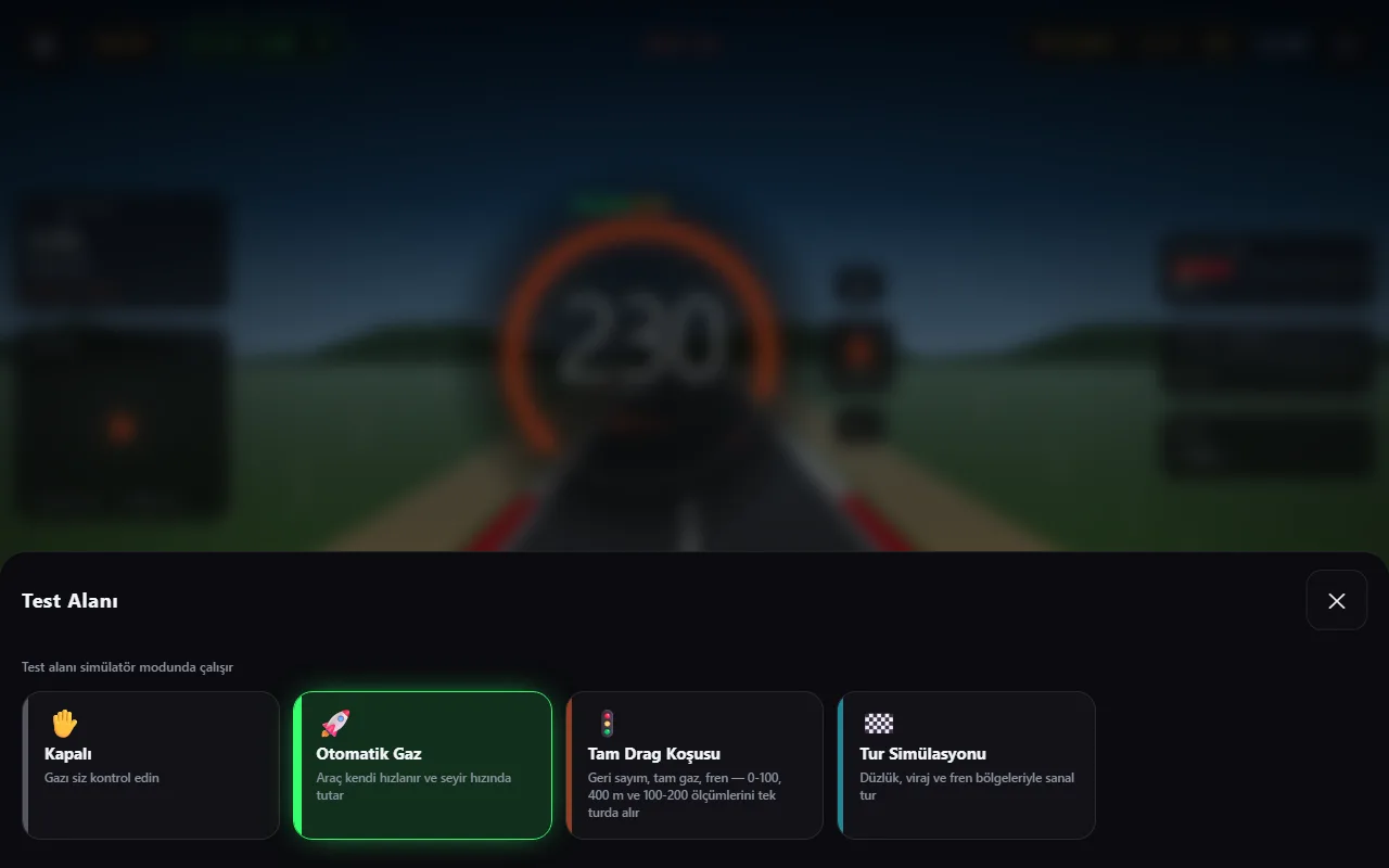 Test Alanı paneli: Kapalı, Otomatik Gaz, Tam Drag Koşusu, Tur Simülasyonu