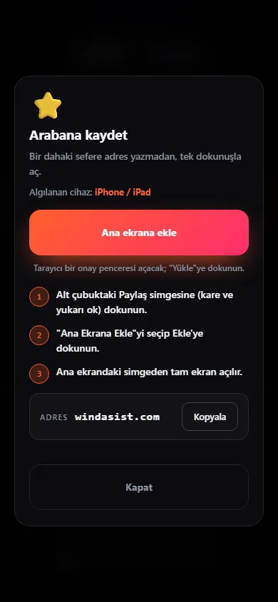 Telefonda Arabana kaydet kartı: iPhone için Paylaş → Ana Ekrana Ekle adımları