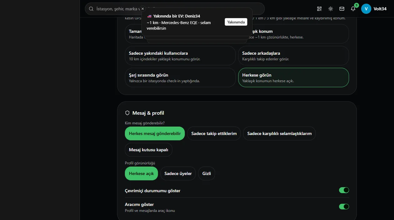 Ayarlar: konum görünürlüğü